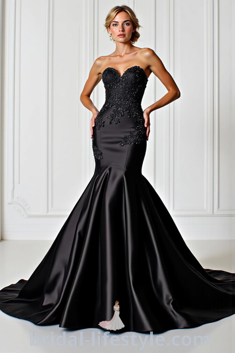 A mermaid wedding dress in black satin featuring a strapless sweetheart neckline, intricate lace appliqués, and a dramatic flared train. pinshoesoutfits.com
