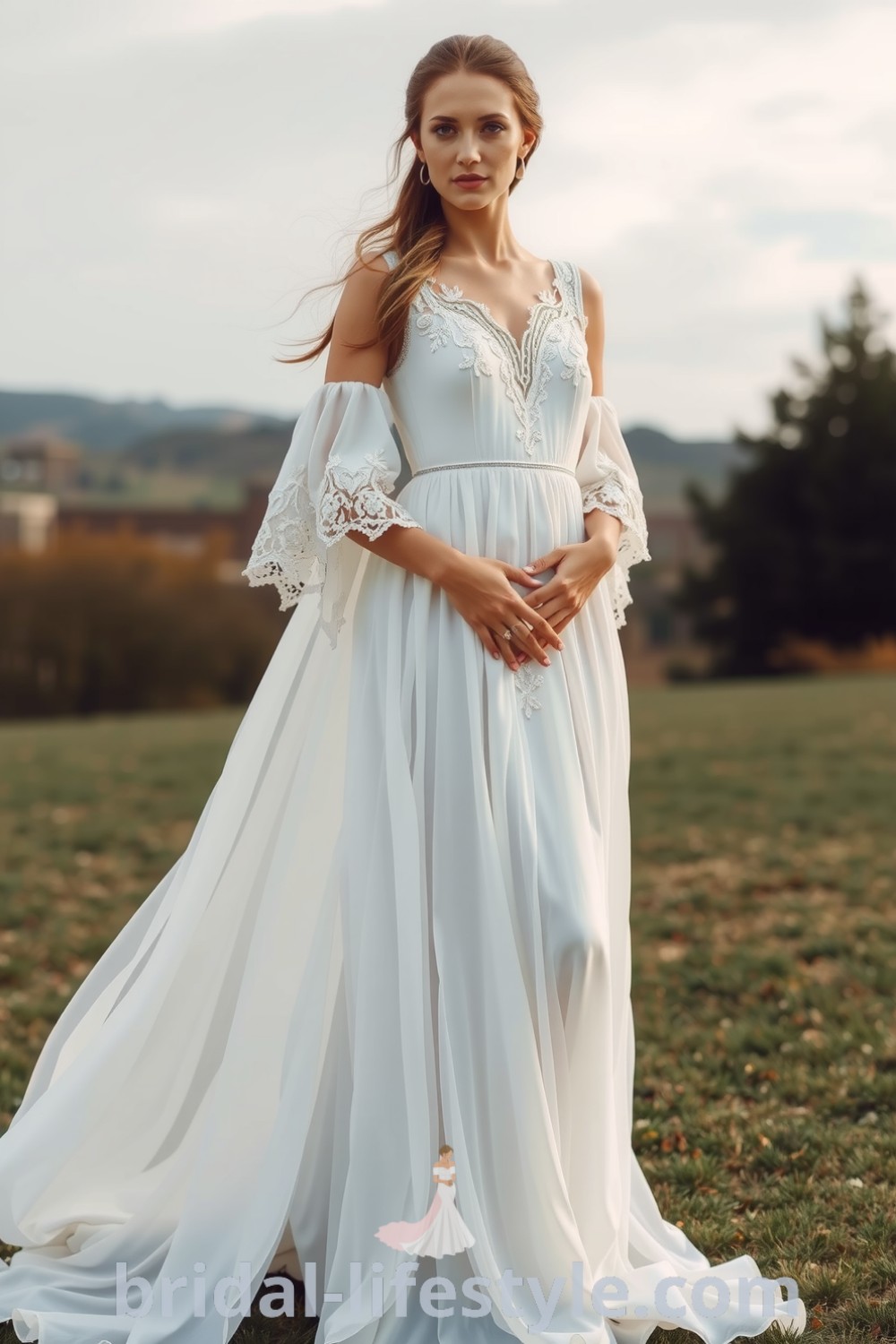 Elegant boho wedding dress featuring soft chiffon layers, embroidered bodice with floral motifs, and whimsical off-the-shoulder sleeves, perfect for outdoor ceremonies. bridal-lifestyle.com
