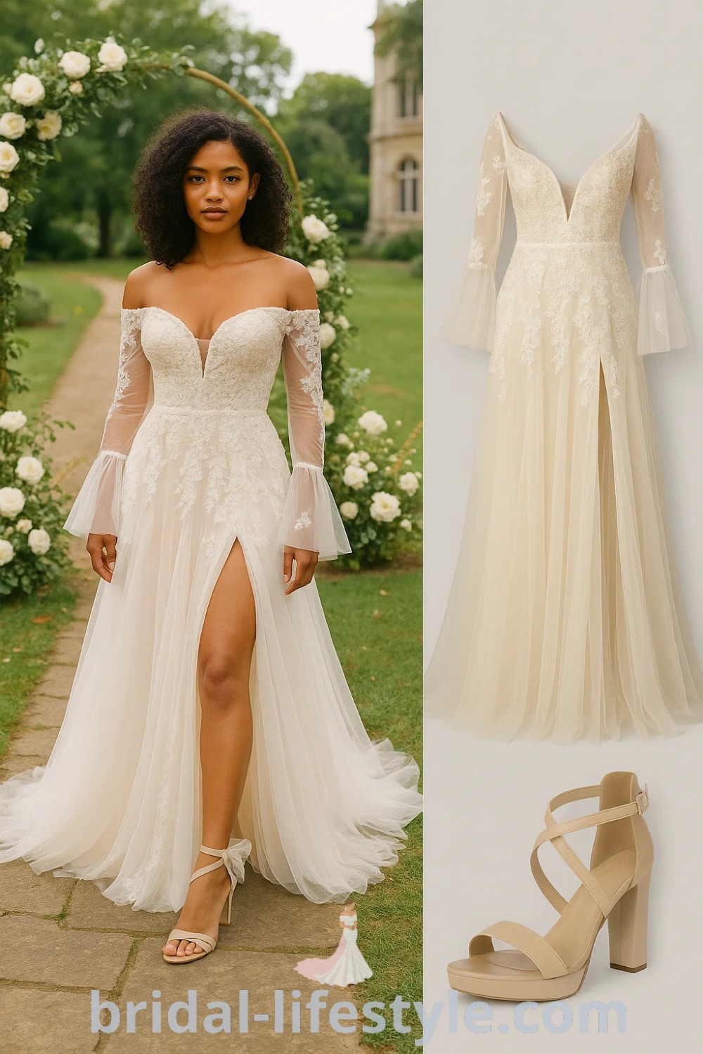 Elegant A-Line Lace wedding dress in ivory with off-the-shoulder design and lace details, complemented by nude strappy heels, ideal for weddings, bridal gown, and formal events, featured on pinshoesoutfits.com.