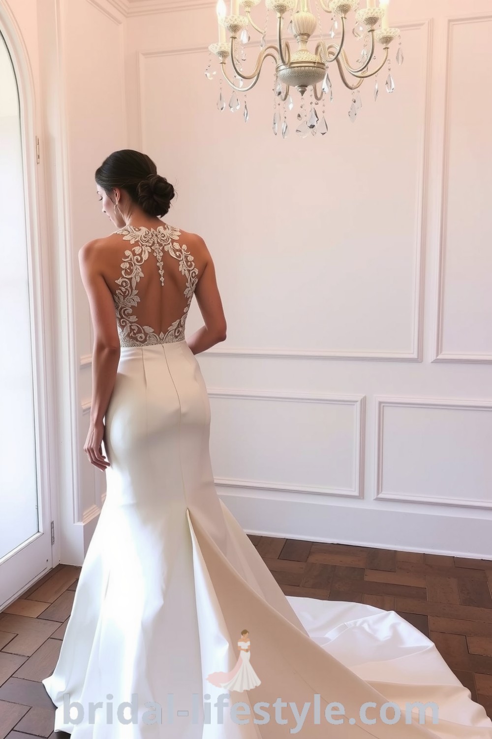 Fit and flare wedding dress with an open back, intricate lace appliqués, and a luxurious satin fabric, flaring gracefully at the knee. bridal-lifestyle.com