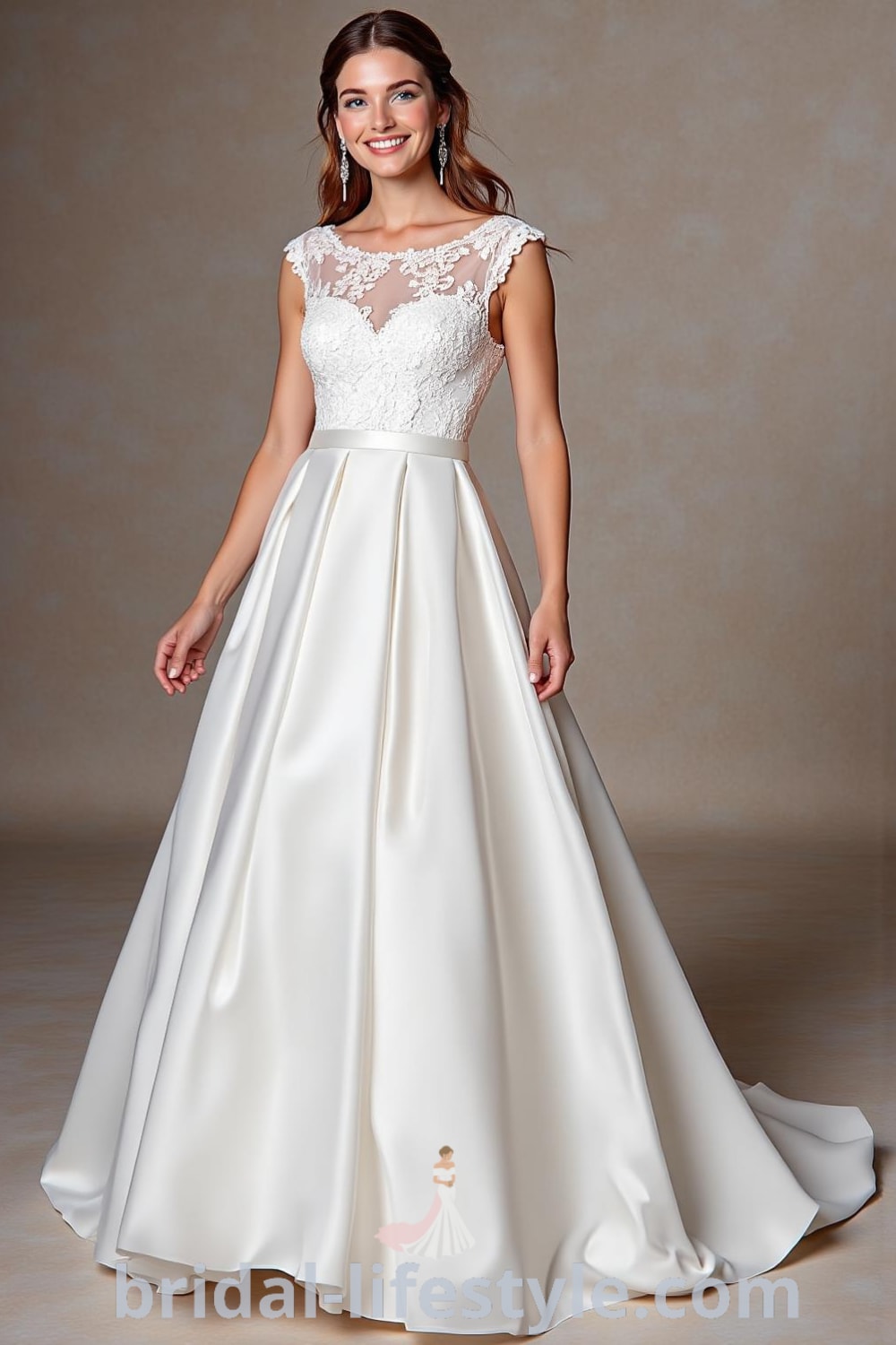 A-line wedding dress with a boat neckline, lace cap sleeves, satin skirt, intricate lace bodice, and a satin bow at the waist. bridal-lifestyle.com