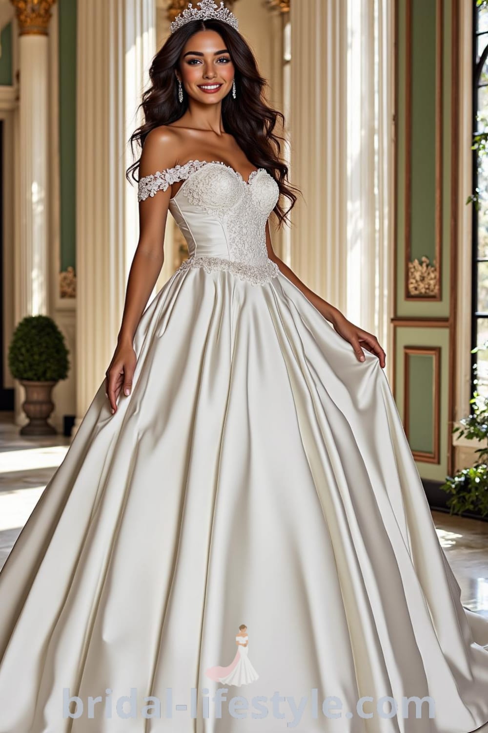 A stunning princess tail wedding dress with a sweeping train, luxurious satin fabric, intricate lace detailing, bead embellishments, a heart-shaped neckline, and off-the-shoulder sleeves. bridal-lifestyle.com