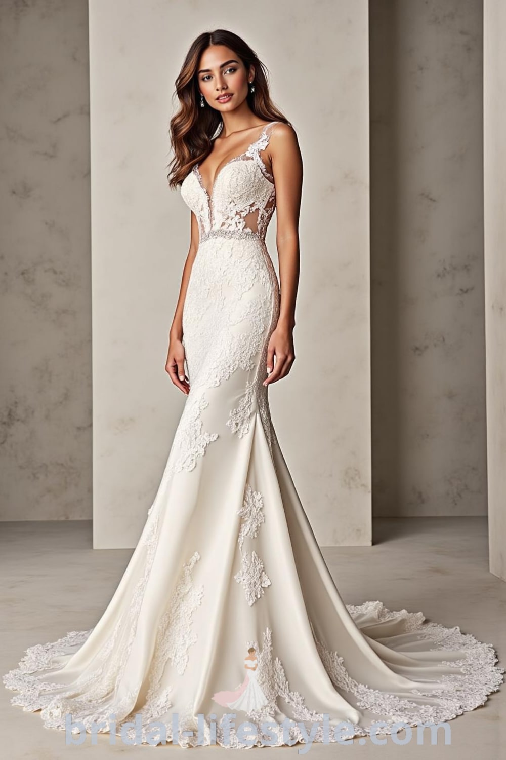 Mermaid wedding dress with intricate lace detailing, soft satin fabric, illusion neckline, cascading train, and row of buttons at the back. bridal-lifestyle.com