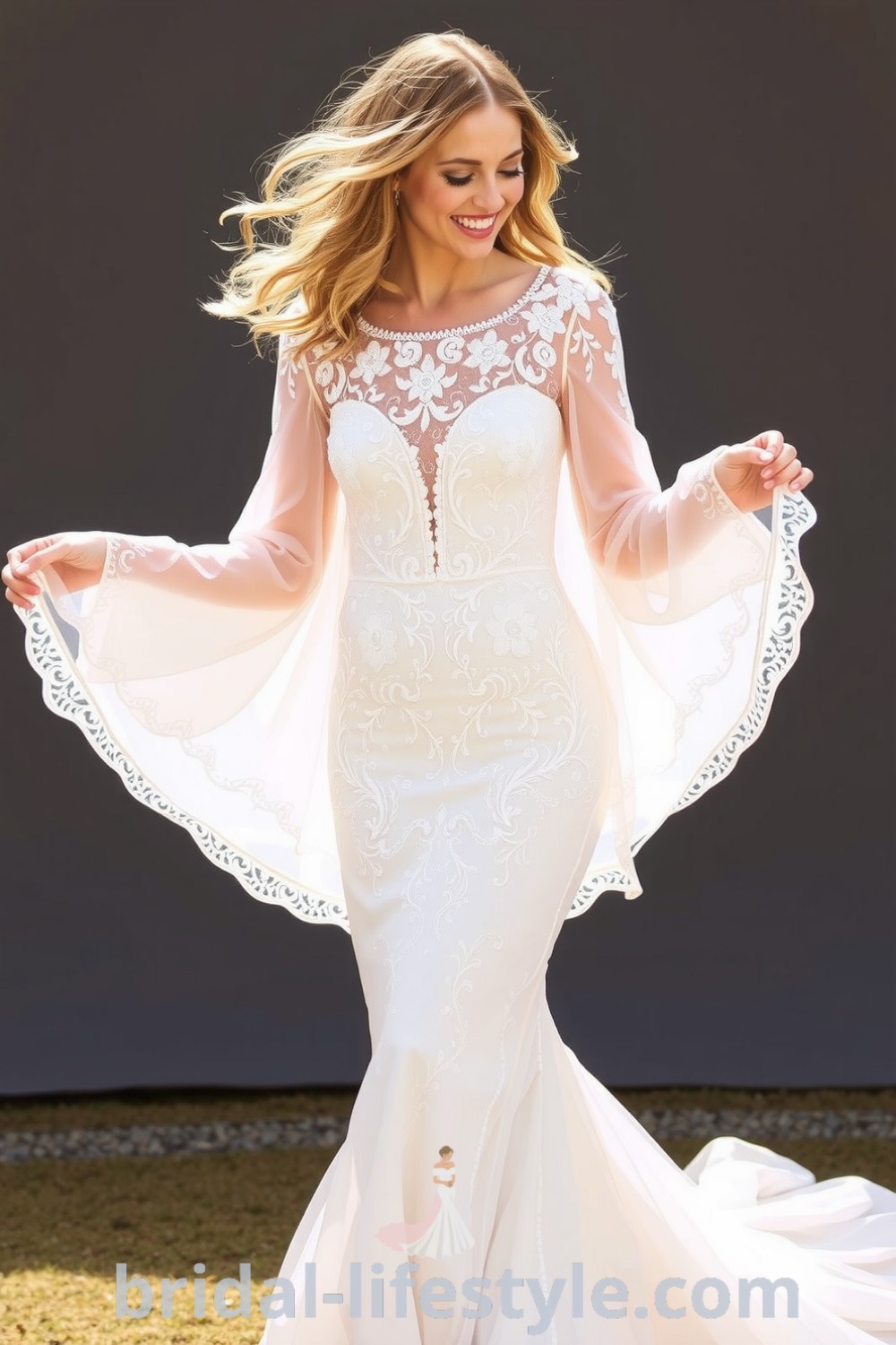 Boho wedding dress with flowing silhouette, soft lace fabric, intricate floral appliqués, and billowing sleeves. Ideal for dreamy brides seeking elegant inspiration for their special day. bridal-lifestyle.com