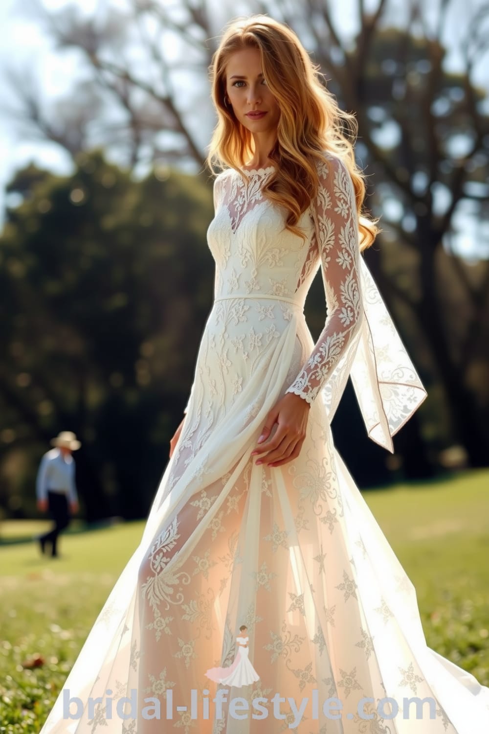 Boho long sleeve lace wedding dress with fitted bodice and flowing sleeves, featuring intricate floral patterns and shimmering fabric, ideal for outdoor ceremonies. bridal-lifestyle.com