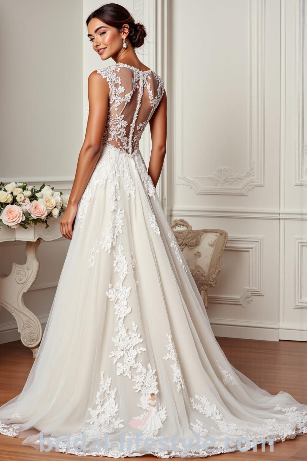 A-line wedding dress featuring intricate lace overlays on a soft tulle skirt, illusion neckline, delicate cap sleeves, and a subtle train. bridal-lifestyle.com