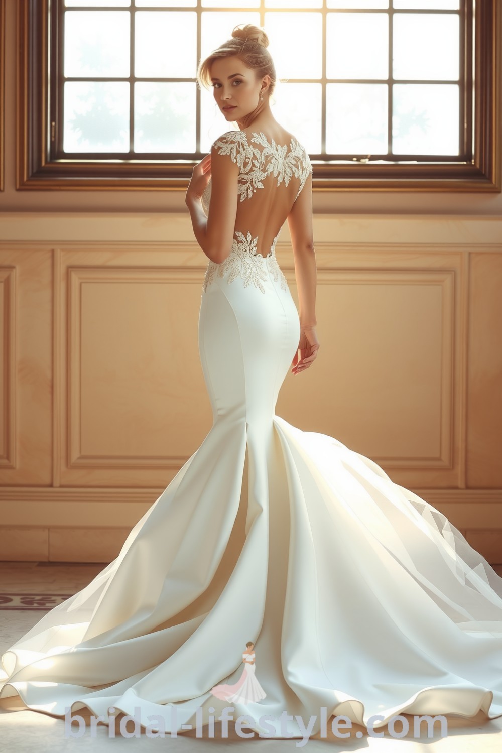 Elegant mermaid wedding dress made of luxurious satin with a fitted bodice, detachable tulle skirt, and lace appliqués, perfect for dreamy brides. bridal-lifestyle.com