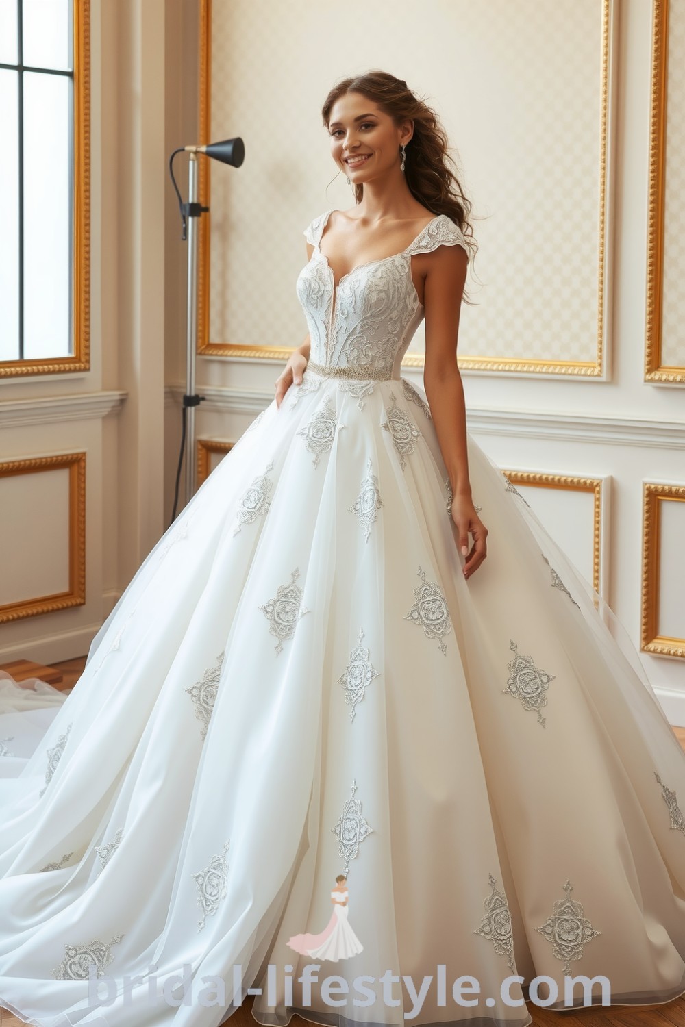 Elegant princess wedding dress with a voluminous tulle skirt, fitted bodice adorned with beading and lace, and a dramatic train, designed for dreamy brides seeking the best aesthetic ideas for their special day. bridal-lifestyle.com