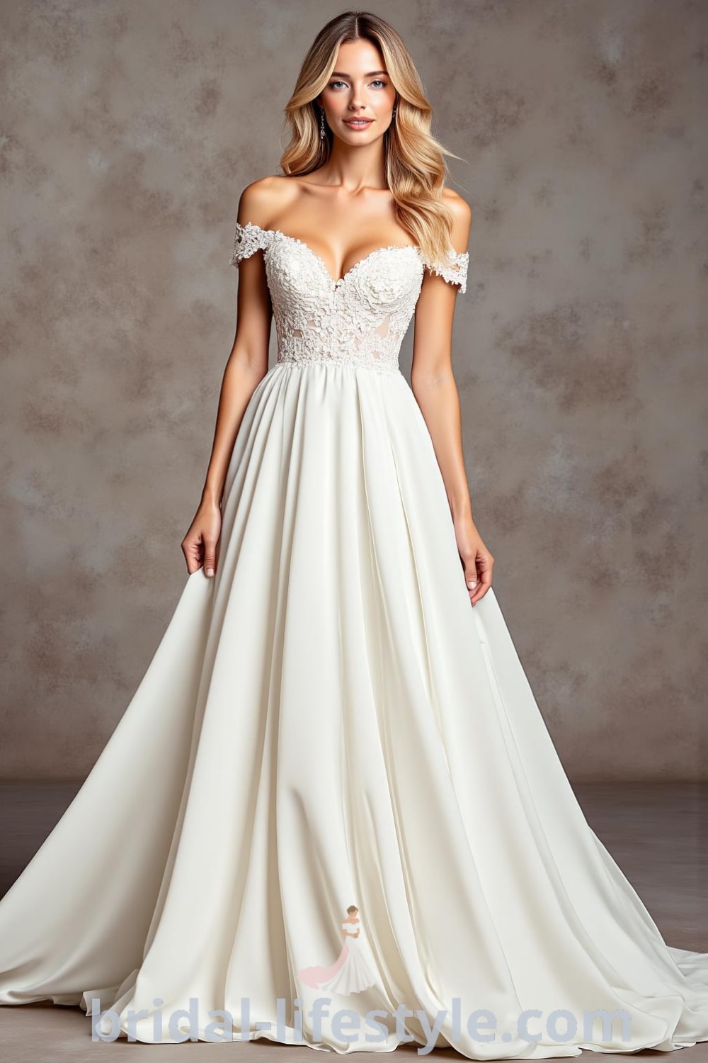 A-line wedding dress with a sumptuous satin skirt, off-the-shoulder lace sleeves, and intricate floral embroidery on the bodice. bridal-lifestyle.com