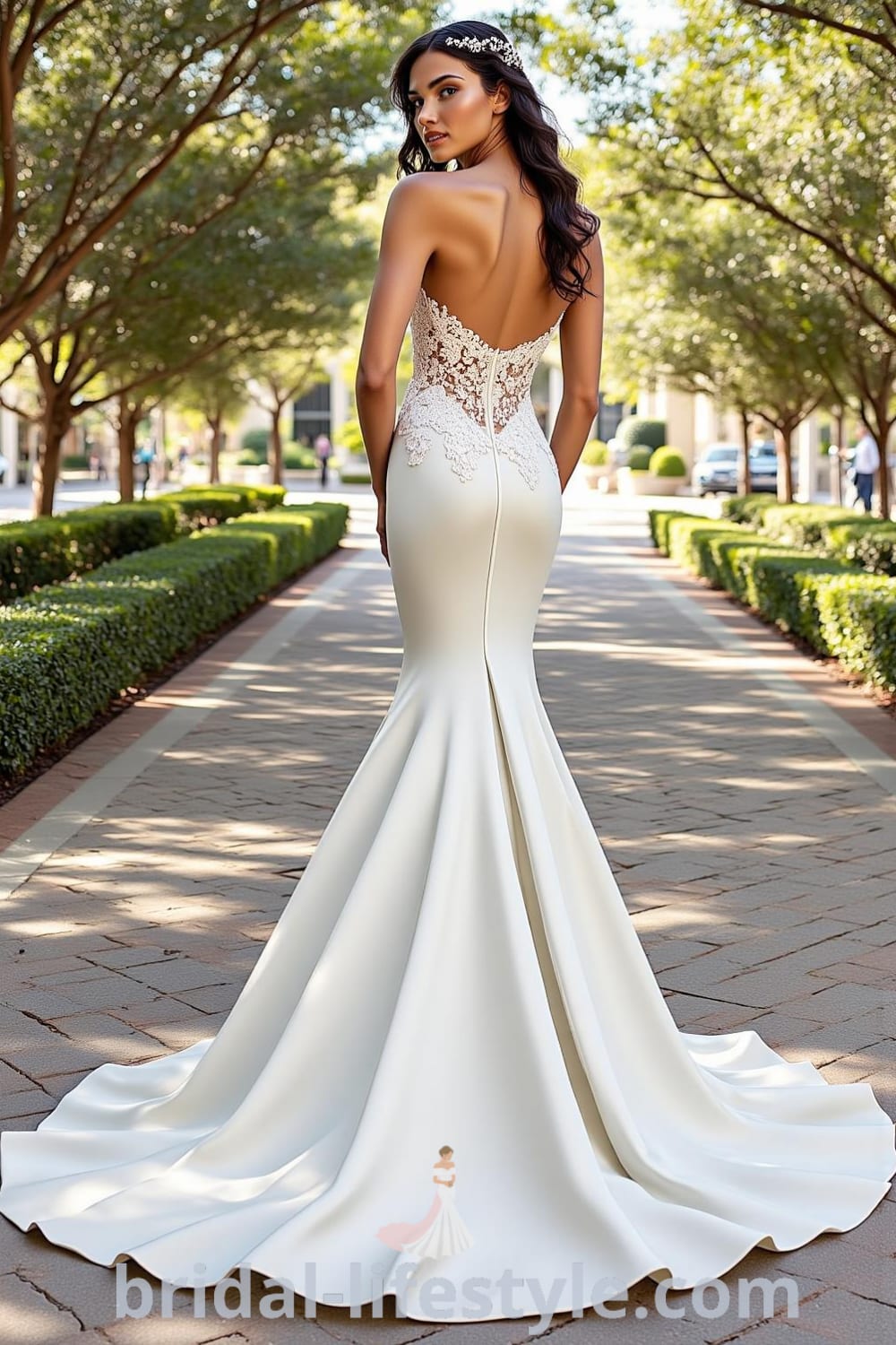 A stunning strapless mermaid wedding dress with intricate lace appliqués, crafted in satin, featuring an elegant train and designed to embrace the bride