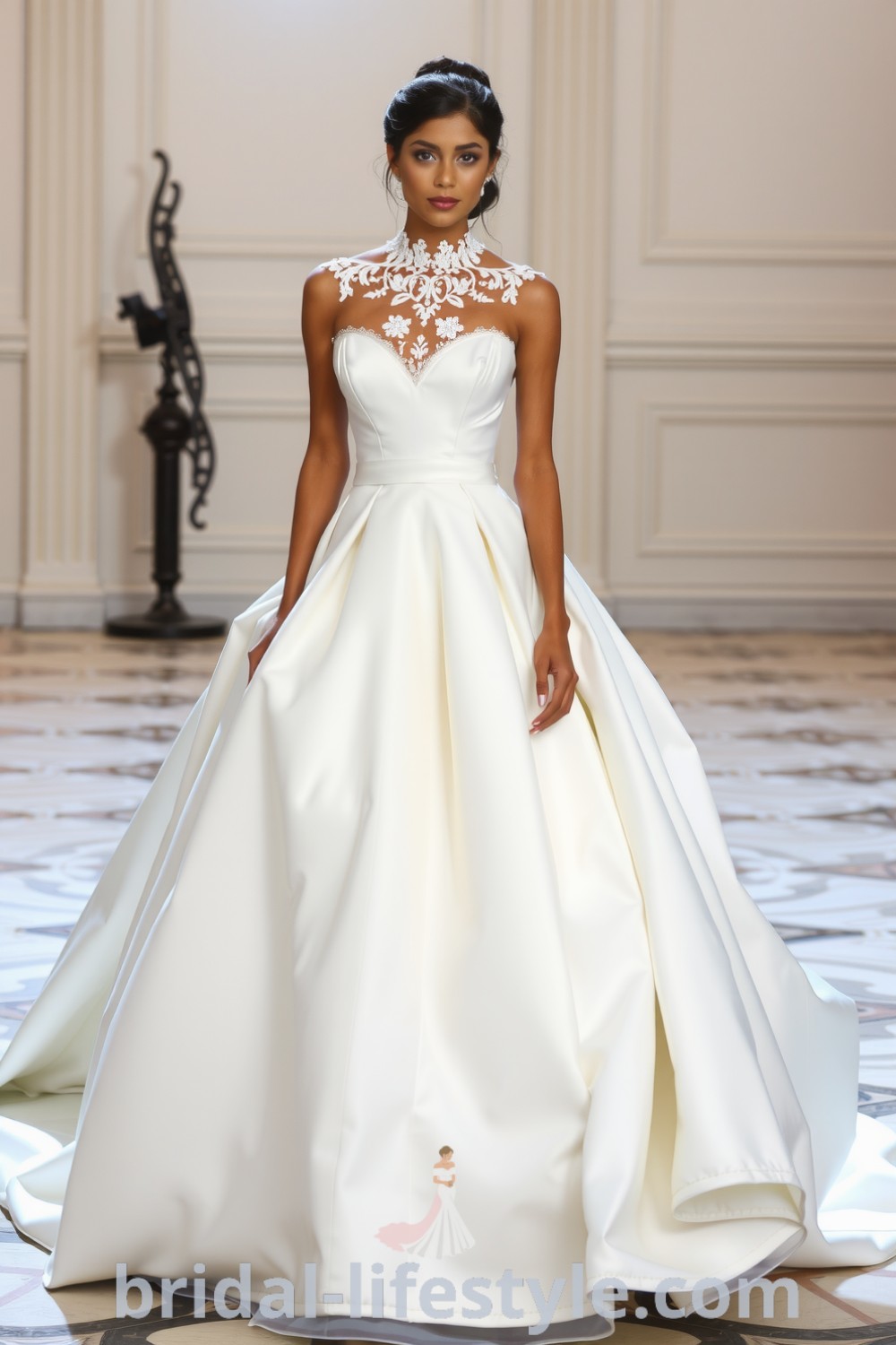 Elegant satin princess gown with fitted bodice, intricate lace embroidery, voluminous skirt, and soft train, perfect for dreamy brides on their special day. bridal-lifestyle.com