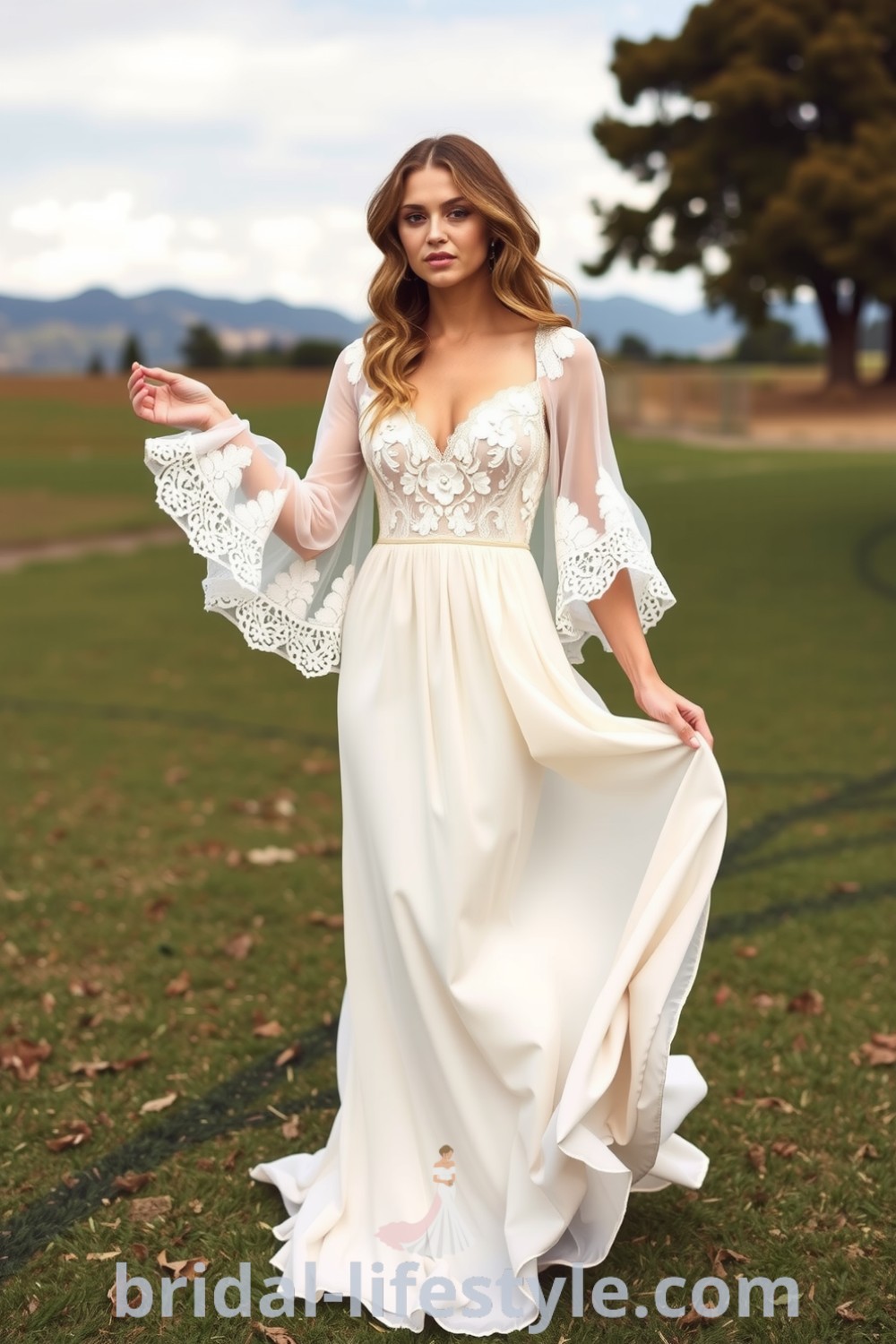 Ethereal boho wedding dress with soft lace, billowing sleeves, and floral embroidery, perfect for modern brides seeking elegant and dreamy styles for their special day. bridal-lifestyle.com