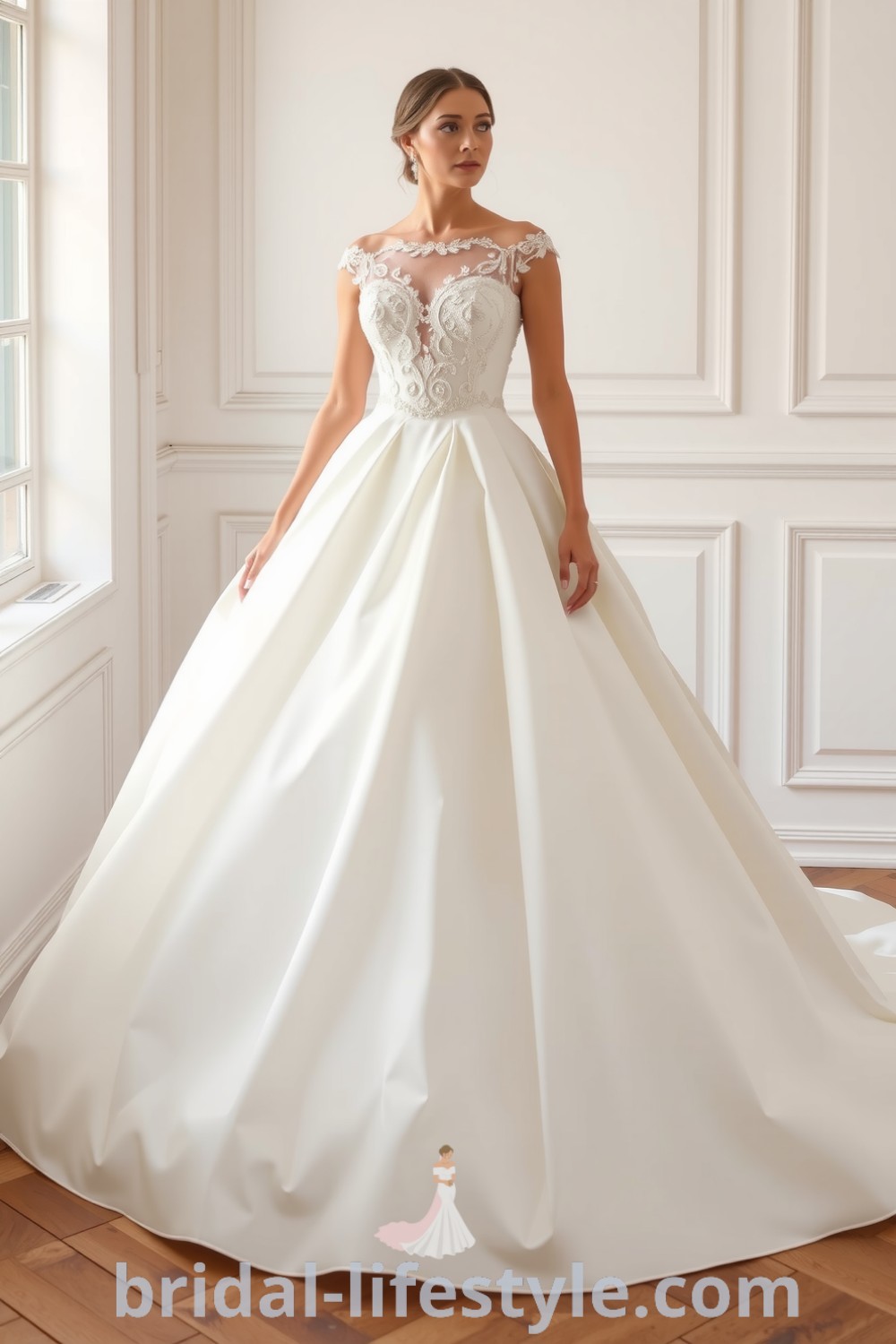 Beautiful princess wedding dress with layers of satin, fitted bodice, voluminous skirt, lace overlays, and intricate beading for a dreamy and elegant look, ideal for every bride