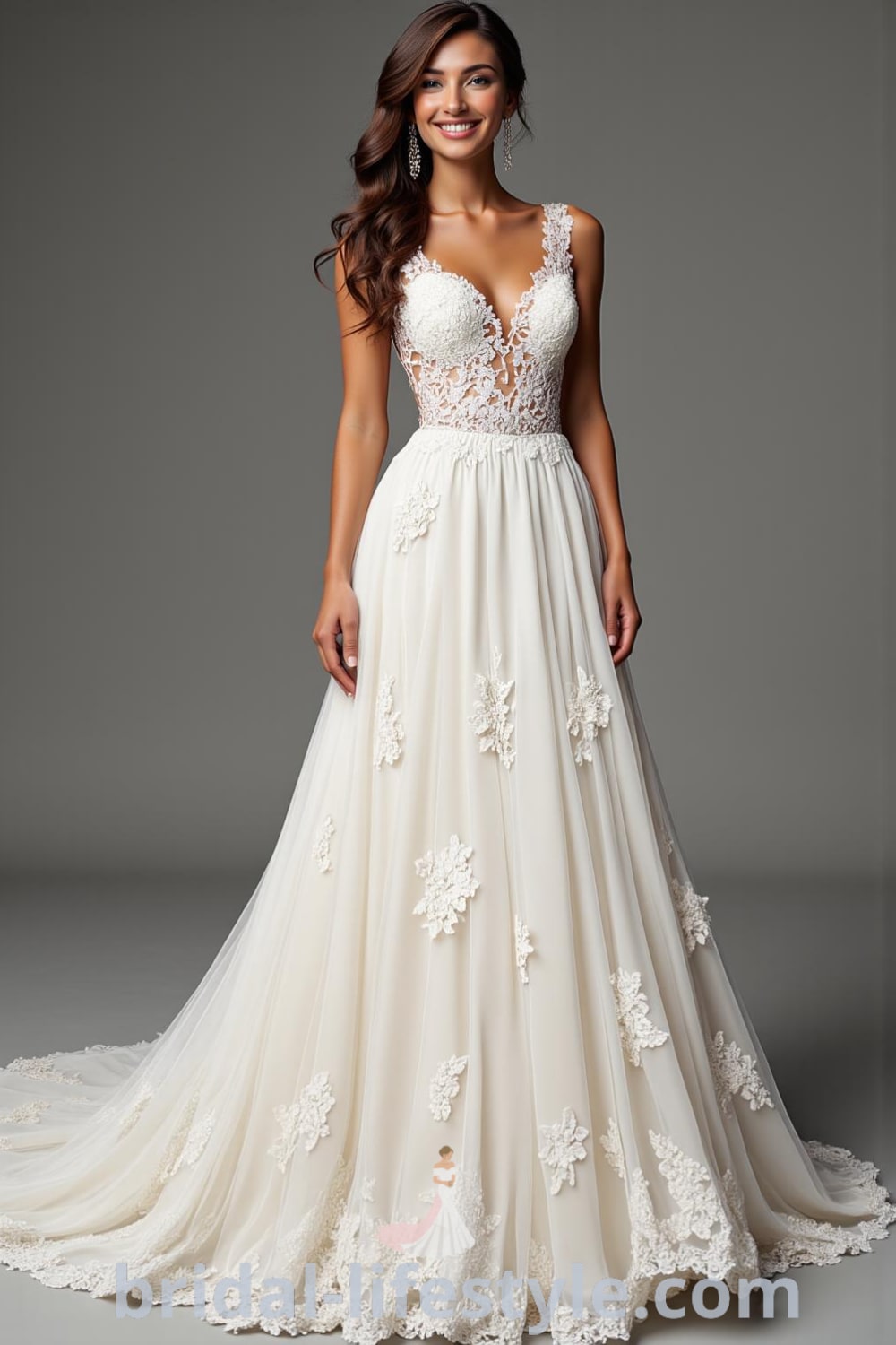 A-line wedding dress with luxurious lace bodice, flowing satin skirt, elegant V-neckline, and delicate floral appliqués scattered across the skirt. bridal-lifestyle.com