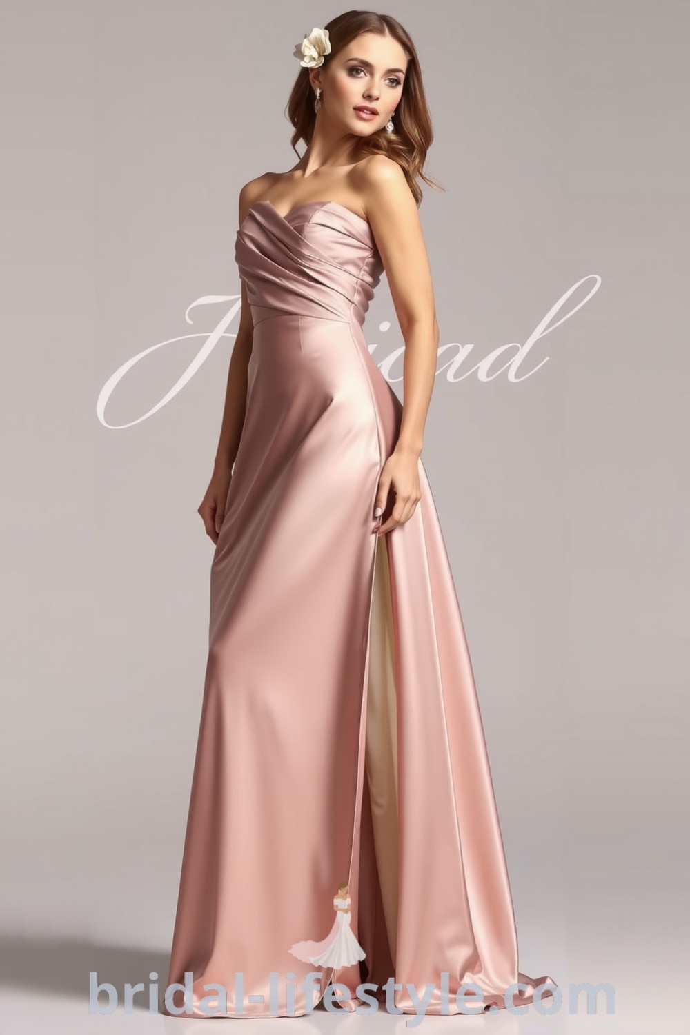 Sleek long satin bridesmaid dress featured on bridal-lifestyle.com with elegant side slit, perfect for dreamy brides and trends for the special day.