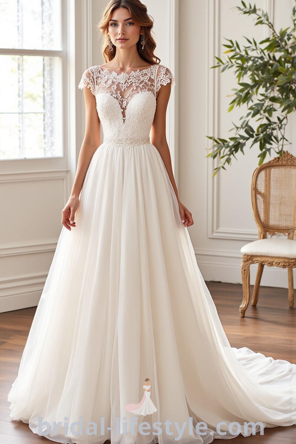 A-line wedding dress with cap sleeves, intricately embroidered bodice, lace appliqués, and a flowing satin skirt, embodying timeless elegance. bridal-lifestyle.com