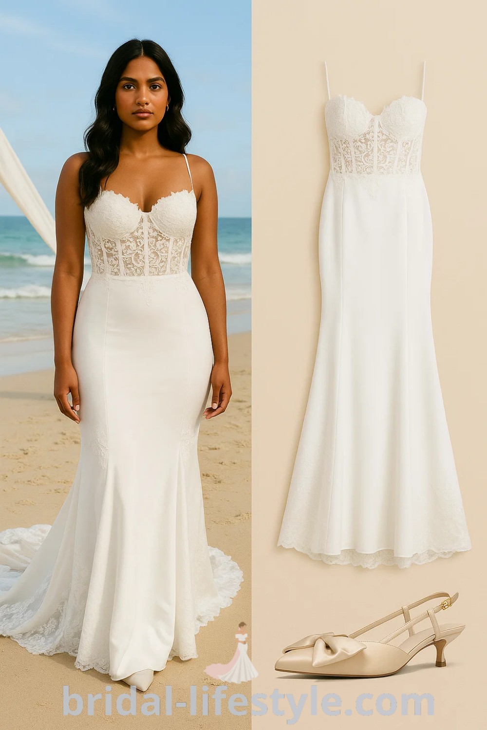 White lace mermaid wedding dress with beige slingback heels on a beach, showcasing a romantic boho aesthetic, perfect for weddings and formal events; featured on pinshoesoutfits.com.