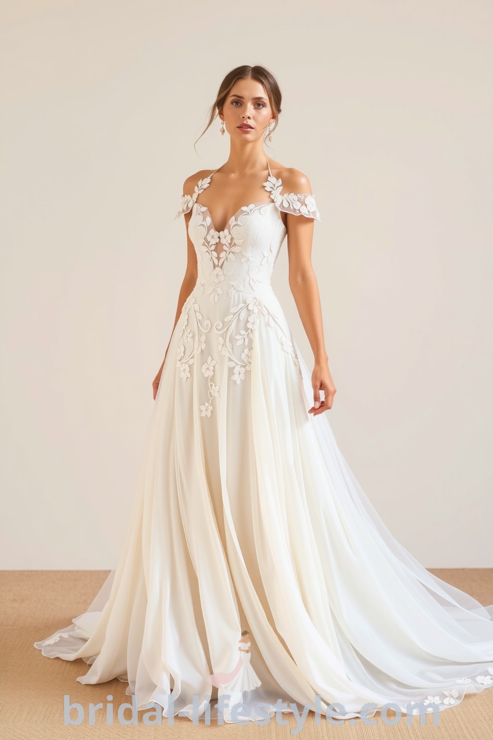 Dreamy boho beach wedding dress with an ethereal silhouette, soft lace, floral embroidery, off-the-shoulder sleeves, and a layered train, perfect for romantic celebrations. bridal-lifestyle.com