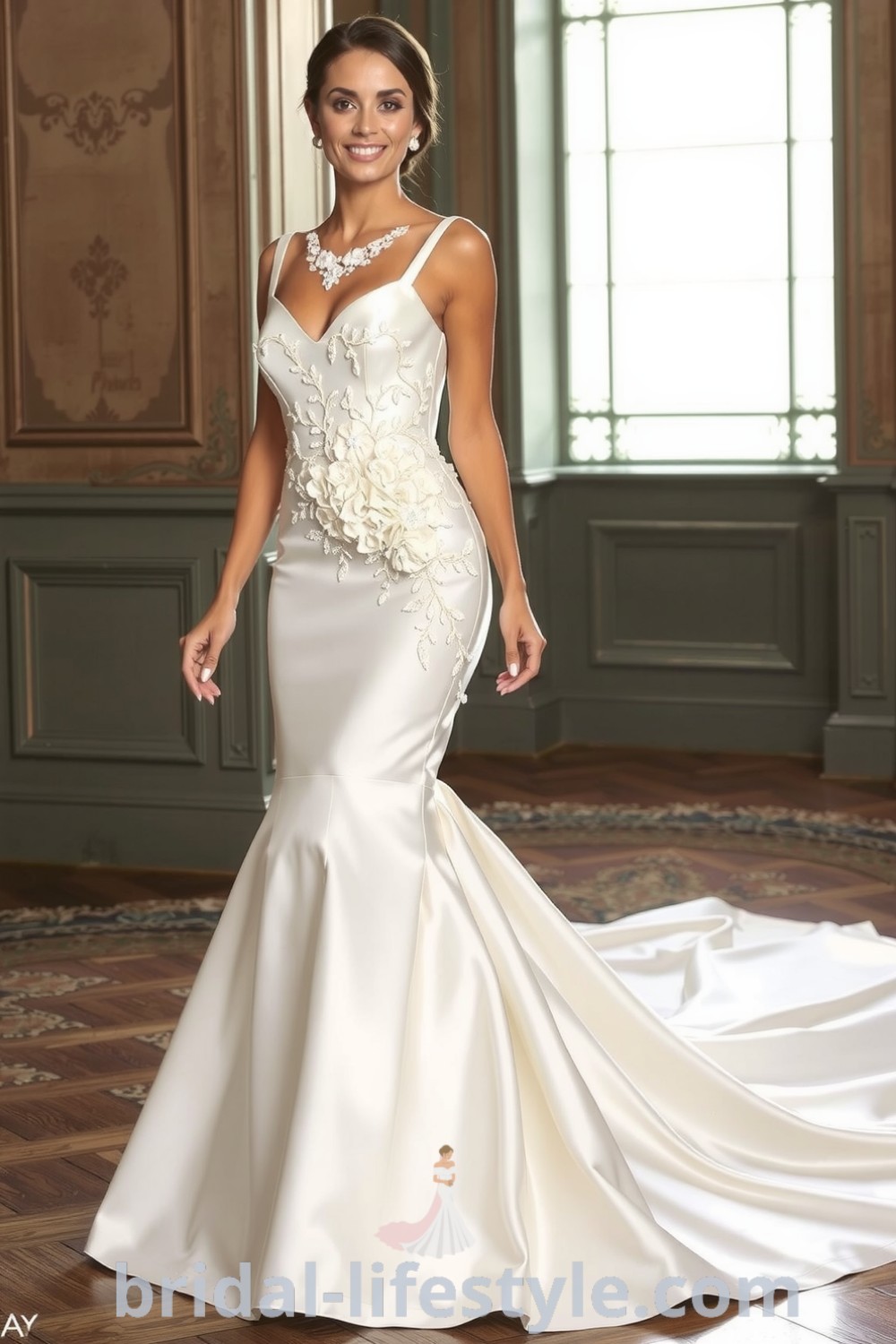 Stunning mermaid wedding dress with a fitted lace-adorned bodice, luxurious satin fabric, a dramatic detachable skirt, and an enchanting train, perfect for brides seeking elegance. bridal-lifestyle.com