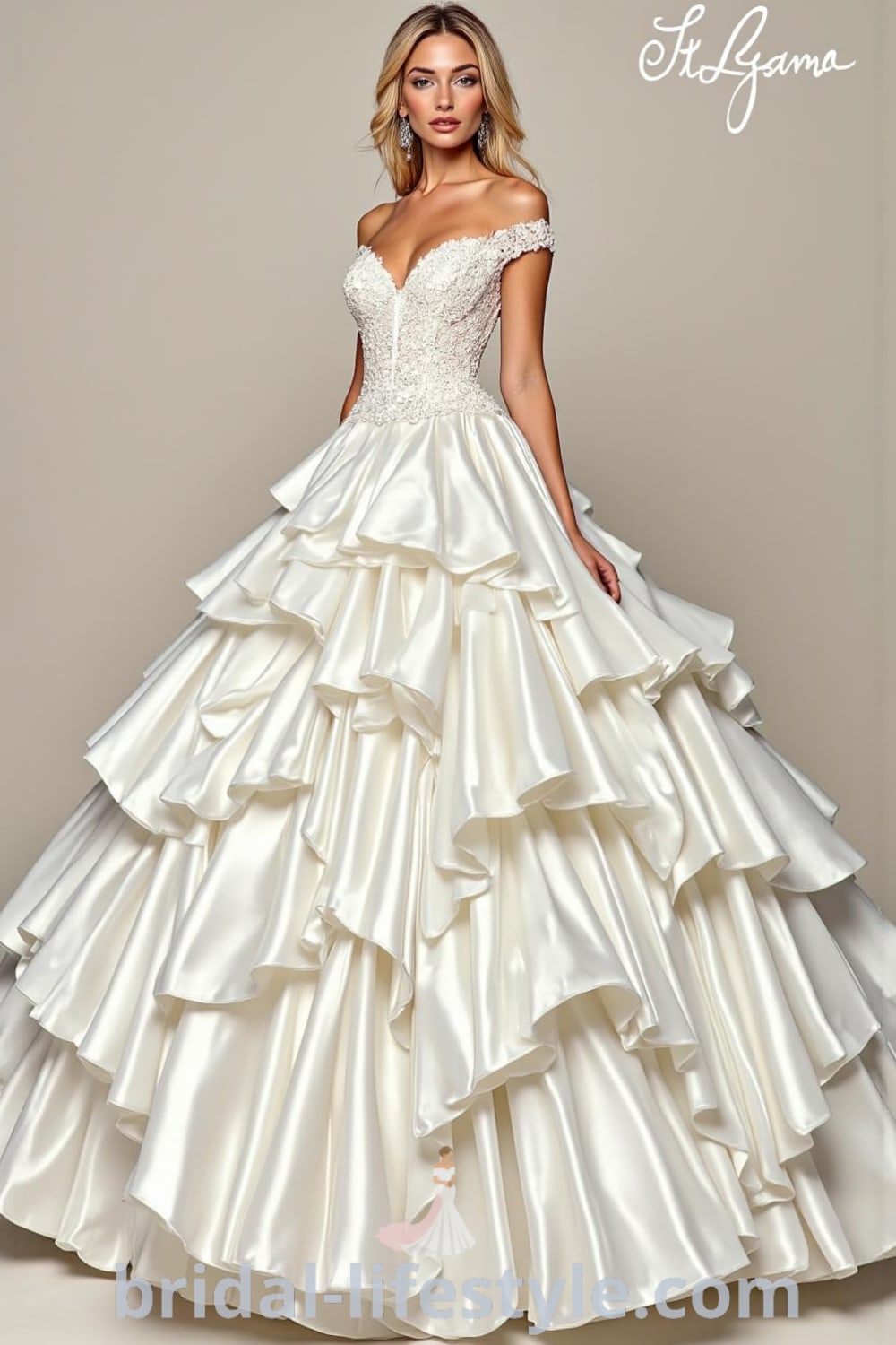 A romantic princess wedding dress with layers of shimmering satin, a fitted bodice with lace detailing, and a sweetheart neckline, adorned with delicate crystals. bridal-lifestyle.com