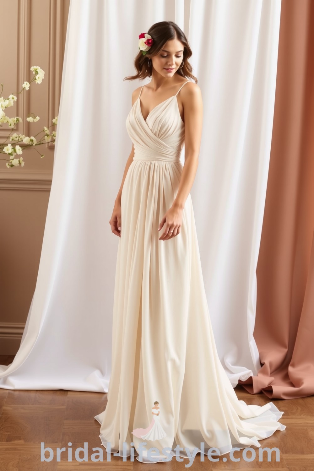 Stunning long chiffon A-line bridesmaid dress showcased on bridal-lifestyle.com featuring elegant pleating and dreamy silhouette, perfect for any wedding celebration, offering inspiration looks and aesthetic ideas for the special day.