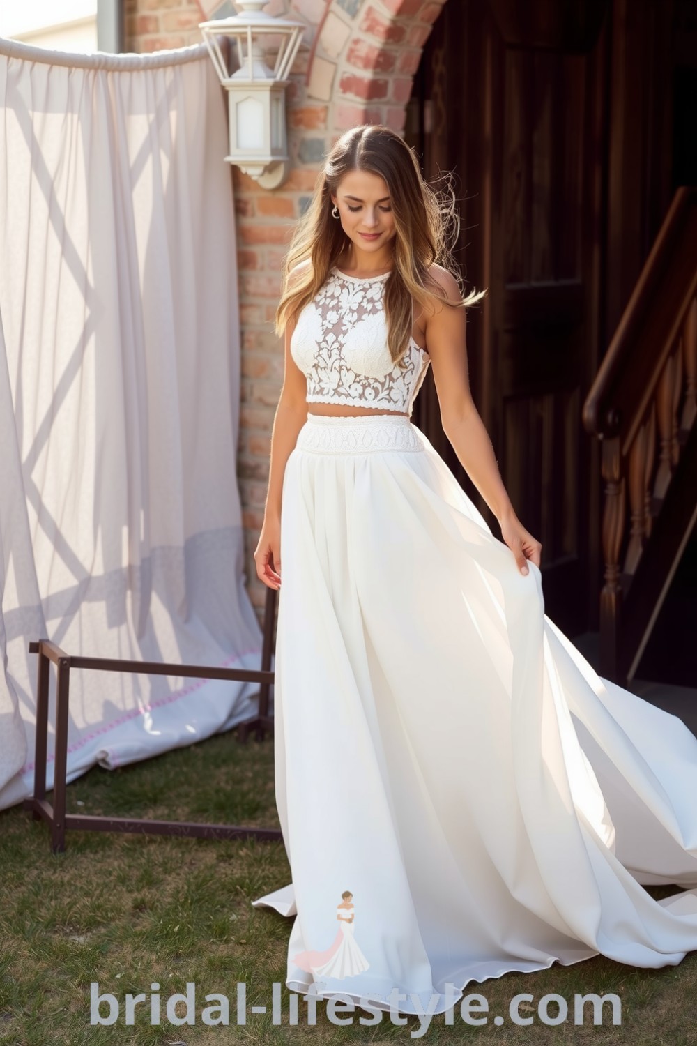 Boho two-piece wedding dress featuring a lace crop top with floral patterns and a flowing A-line chiffon skirt, ideal for outdoor celebrations. bridal-lifestyle.com
