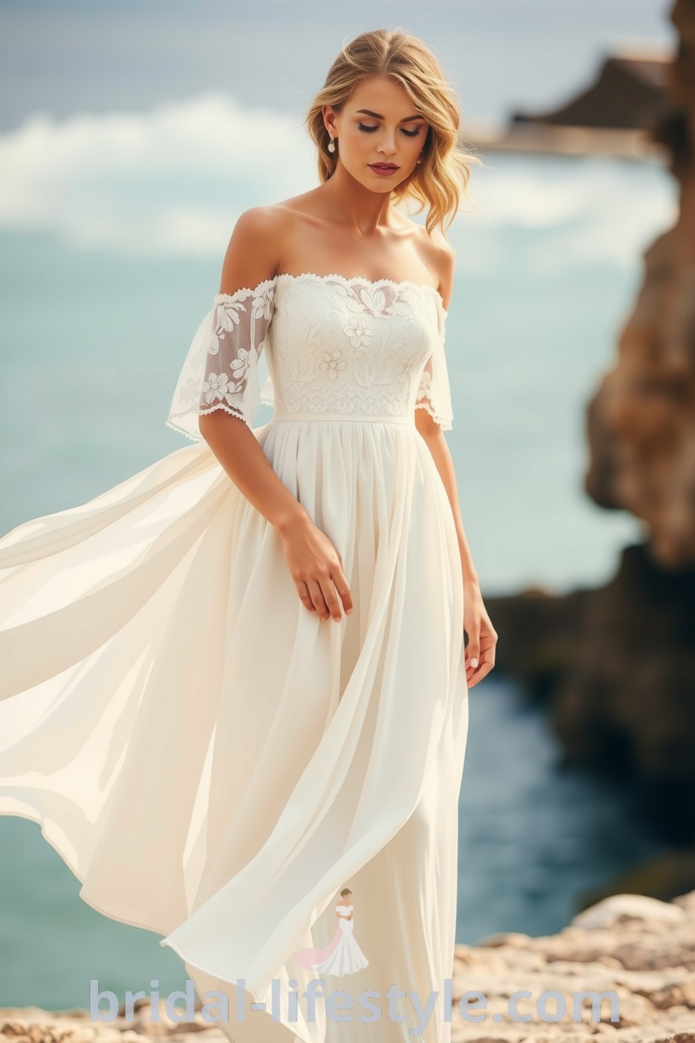 Elegant boho beach wedding dress with flowing chiffon layers, delicate lace bodice, floral motifs, off-the-shoulder neckline, and A-line silhouette for dreamy brides. bridal-lifestyle.com