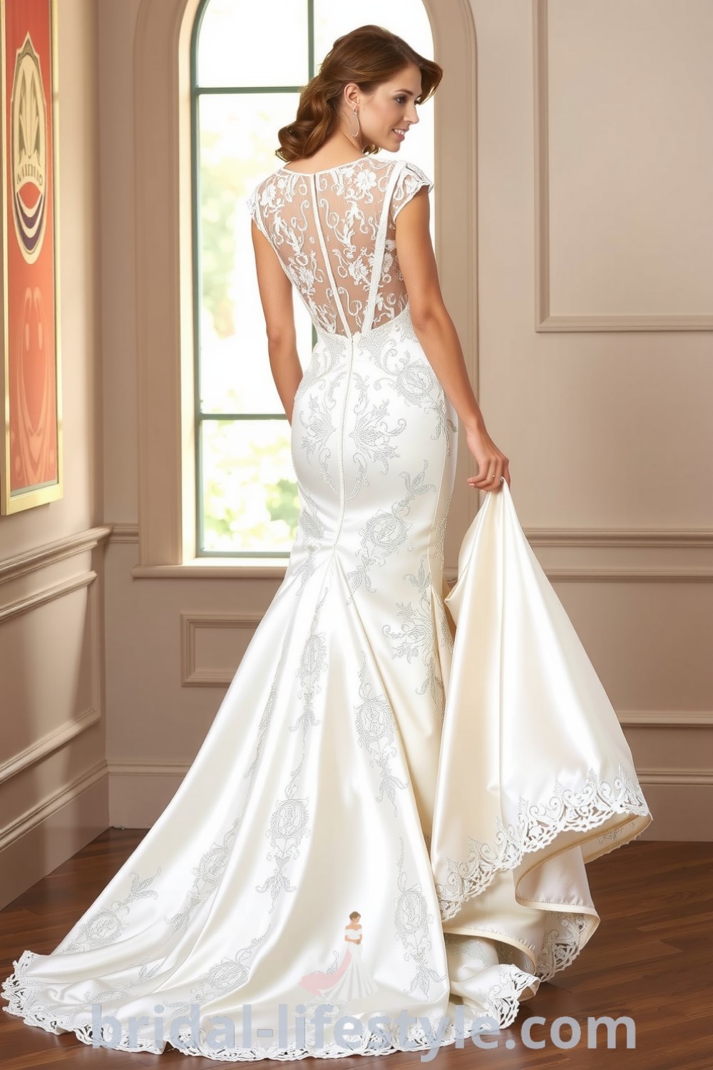 Fit and flare wedding dress featuring beaded lace overlays, hugging silhouette, and luxurious satin lining, ideal for romantic celebrations. bridal-lifestyle.com