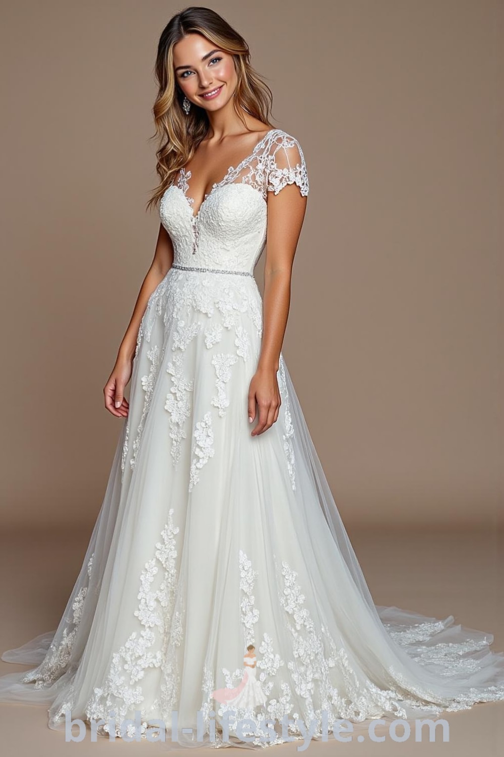 A-line wedding dress featuring cap sleeves, embroidered lace bodice, soft tulle skirt with floral patterns, and an illusion back with button details. bridal-lifestyle.com