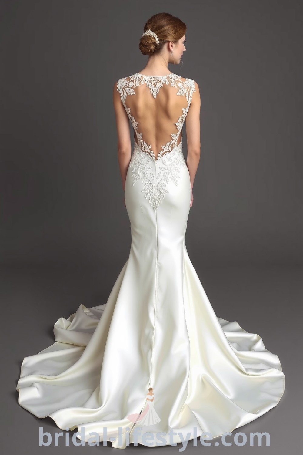 Mermaid wedding dress in luxurious satin with intricate lace detailing and an open back, featuring a flowing train for an elegant look. bridal-lifestyle.com
