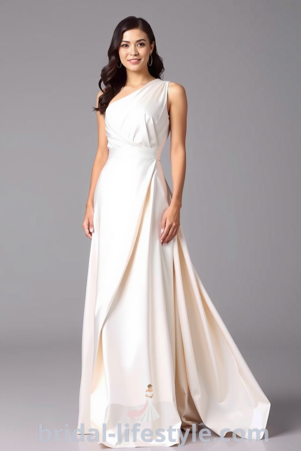 One-shoulder bridesmaid dress made of soft satin with a flowing skirt and delicate waist pleating, showcasing modern elegance for every bride