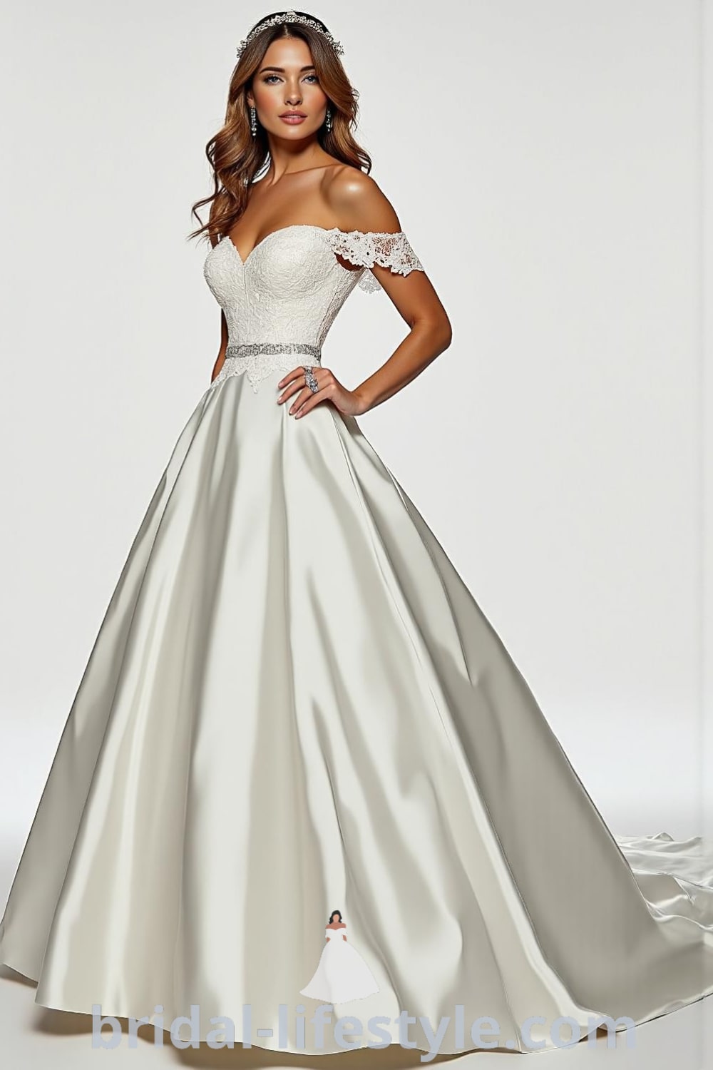 A stunning Princess Classy wedding dress with a fitted lace-adorned bodice, flowing satin ball gown skirt, off-the-shoulder neckline, and delicate lace trim, showcasing its timeless elegance. bridal-lifestyle.com