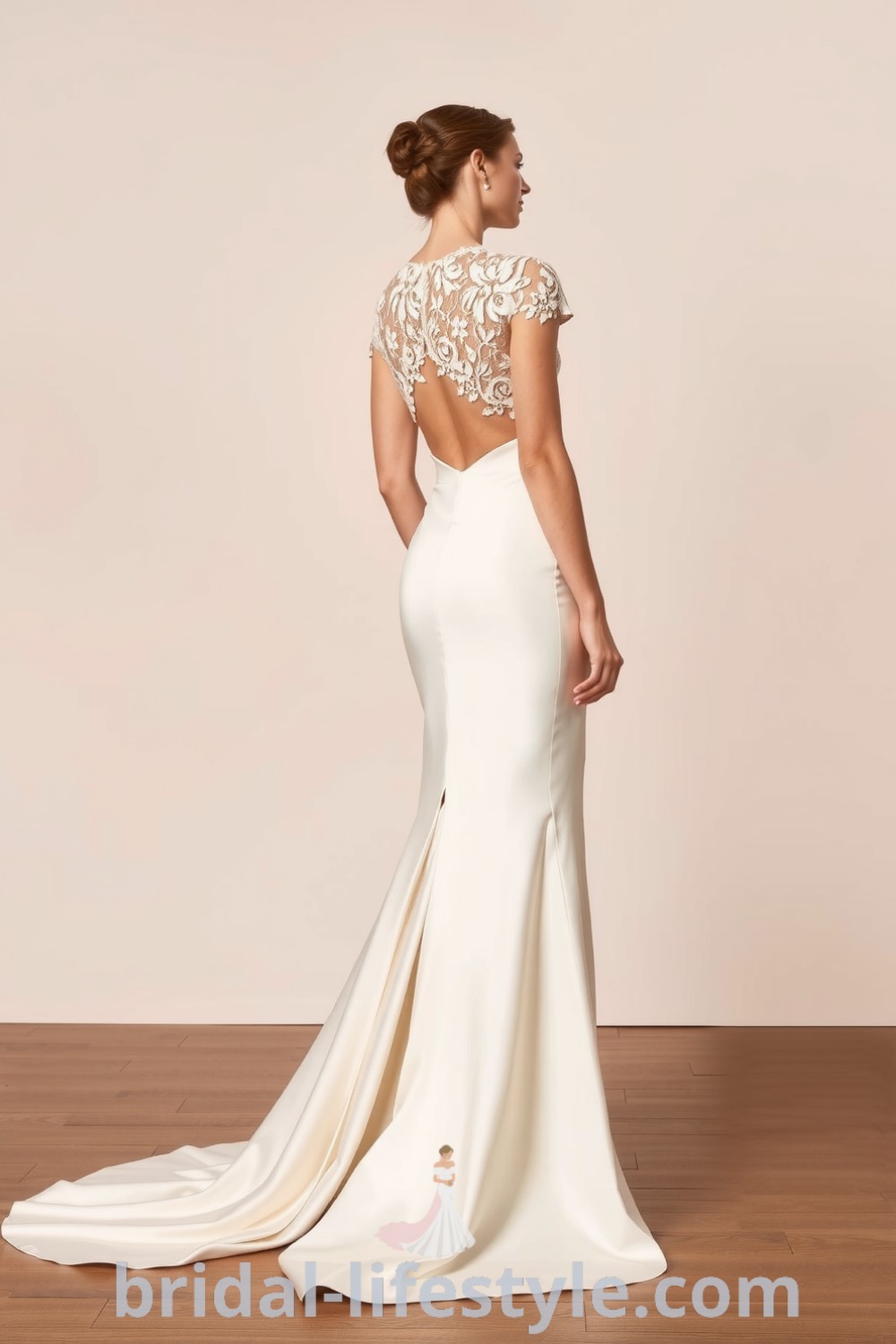Chic fit and flare wedding dress in smooth satin with a thigh-high slit and lace appliqués on the neckline and train. bridal-lifestyle.com