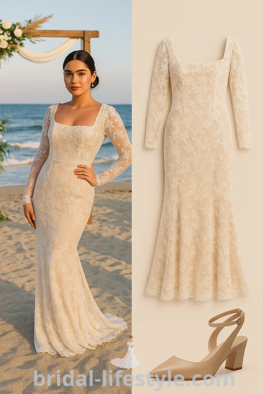 fitted lace boho wedding dress in light beige with long sleeves, paired with nude pointed-toe heels, perfect for a beach wedding or formal event, showcasing elegance and romance, featured on pinshoesoutfits.com