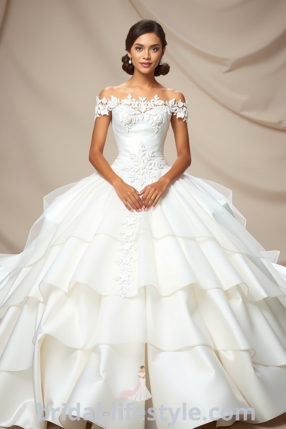 A romantic satin princess ballgown with a voluminous silhouette, intricate lace appliqués, soft tulle layers, and a delicate off-the-shoulder neckline for dreamy brides. bridal-lifestyle.com