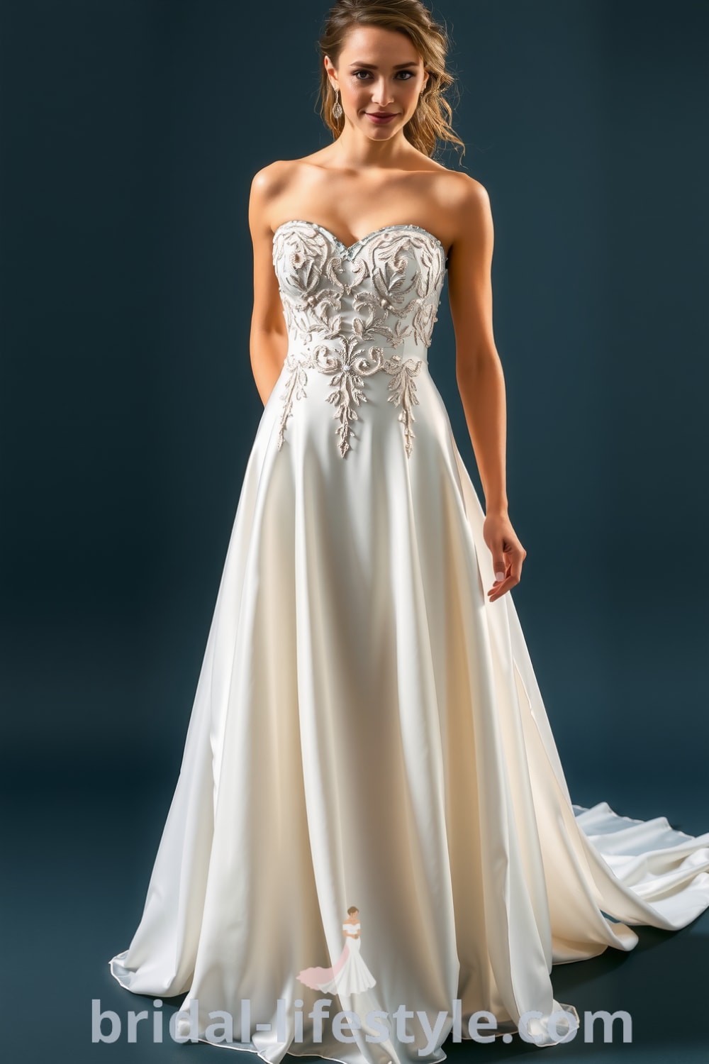 A-line wedding dress with a sweetheart neckline, made of luxurious satin and featuring intricate lace appliqués, flowing skirt, and a subtle train. bridal-lifestyle.com