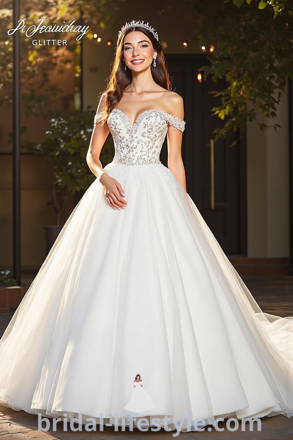 A stunning off-the-shoulder wedding dress with a fitted sequined bodice, shimmering lace details, and a voluminous tulle overlay, perfect for a fairytale wedding. bridal-lifestyle.com