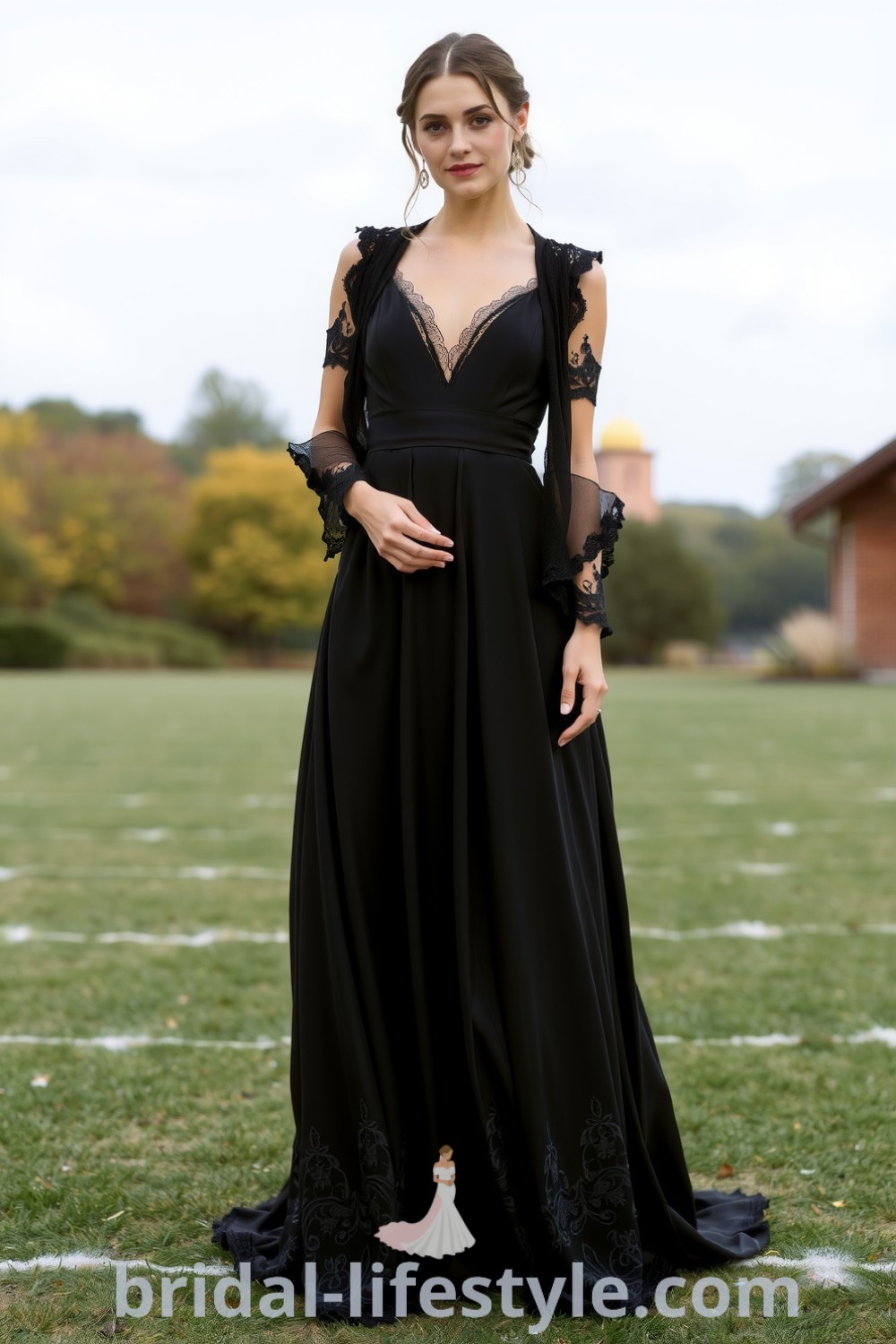 Elegant boho black wedding dress with flowing satin silhouette, intricate lace detailing, cinched waist, and deep V-neckline. bridal-lifestyle.com