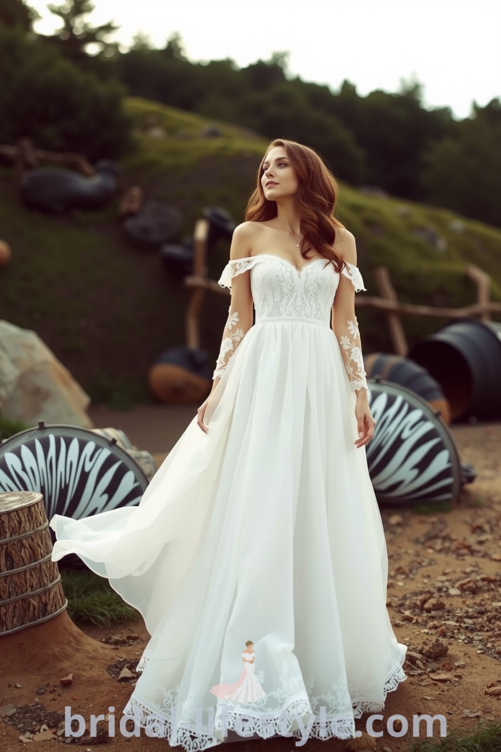 A stunning bohemian A-line wedding dress made of soft, airy lace with floral embroidery, off-the-shoulder sleeves, and a flowing skirt, ideal for a romantic wedding setting. bridal-lifestyle.com