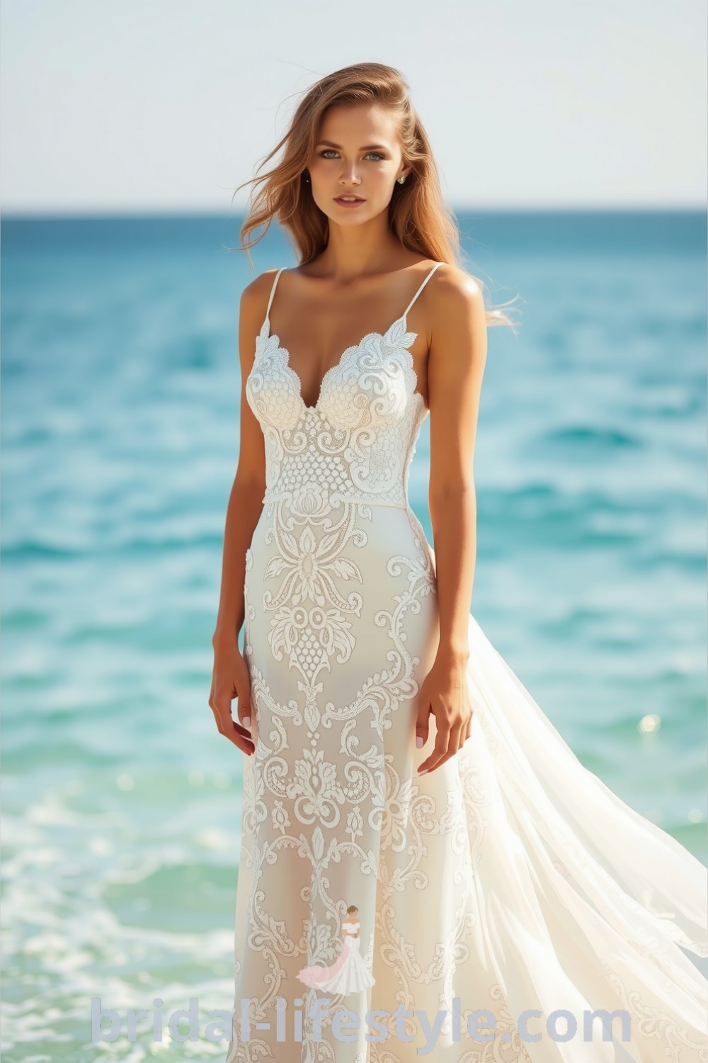 Boho beach wedding dress featuring flowing lace silhouette, intricate floral patterns, soft sweeping skirt, and adjustable spaghetti straps, designed for dreamy brides. bridal-lifestyle.com