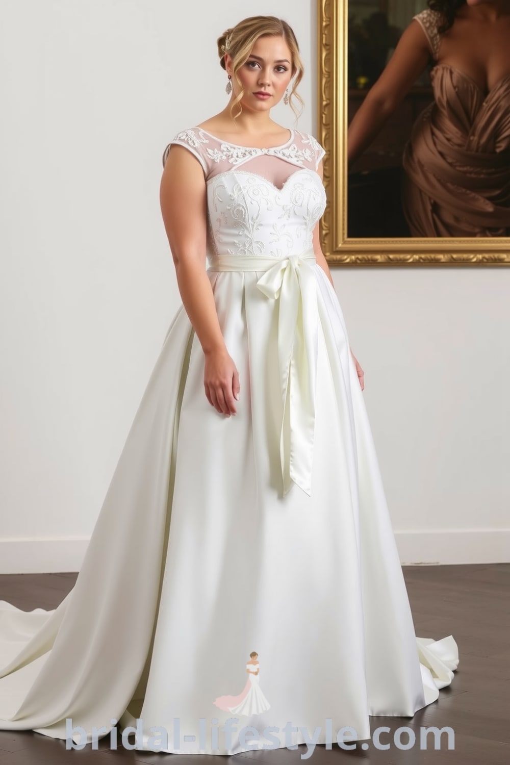 Elegant A-line plus-size wedding dress with satin skirt, intricate lace appliqué bodice, beaded sash, and cap sleeves. bridal-lifestyle.com