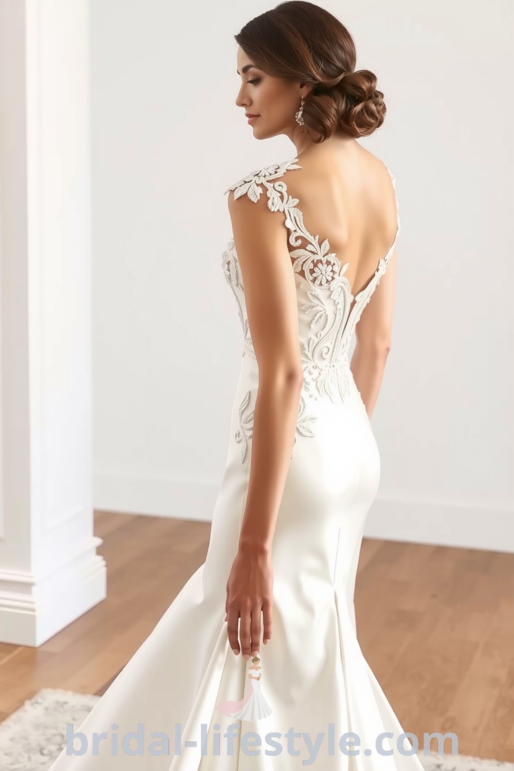 Fit and flare wedding dress with beaded lace embellishments, sheer neckline, and soft satin lining, radiating elegance and sophistication. bridal-lifestyle.com