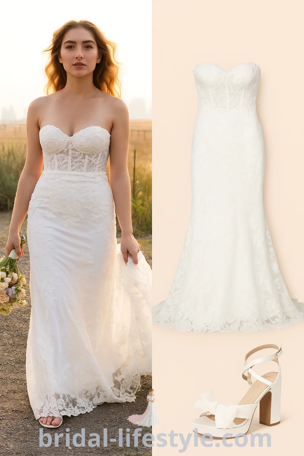 White strapless Mermaid Tail wedding dress with lace detailing and white chunky heels with bow detail, suitable for whimsical brides and formal events, from pinshoesoutfits.com.