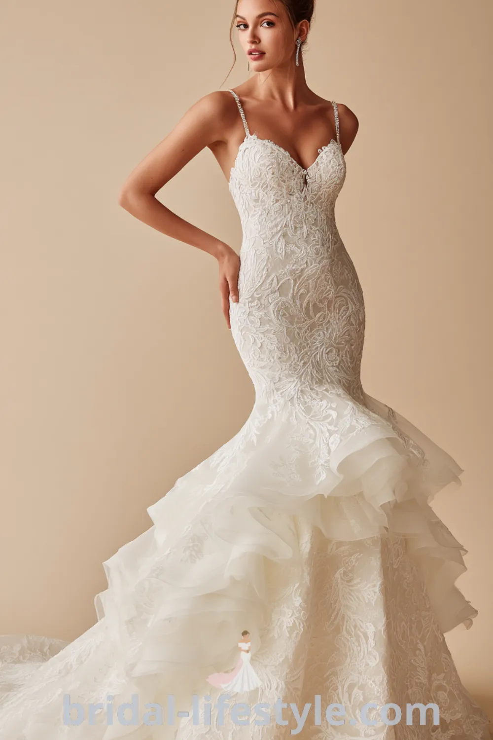 Mermaid lace wedding dress with textured lace, dramatic flared skirt, corset silhouette, elegant wedding details.