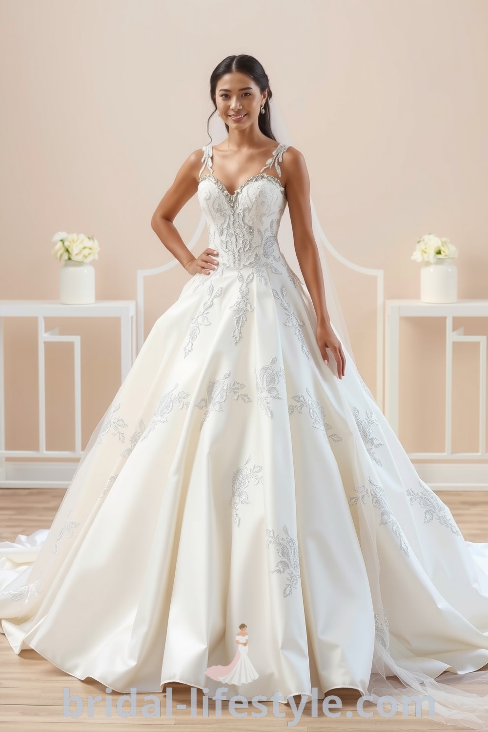 Elegant Princess Glitter wedding dress with a flowing satin and tulle skirt, intricate lace appliqué on the bodice, and a flattering sweetheart neckline, perfect for inspiring every unique bride on their special day. bridal-lifestyle.com