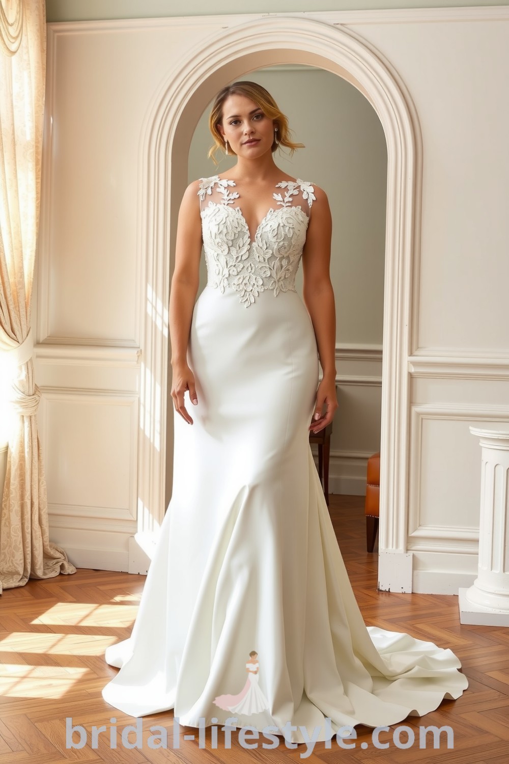 Plus-size A-Line wedding gown made of satin with lace appliqués on neckline and waist, featuring delicate embroidery, cascading to the floor. bridal-lifestyle.com