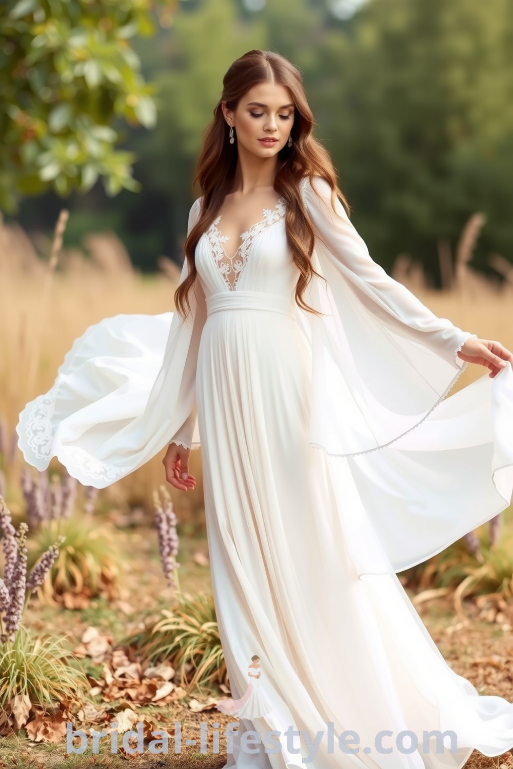 Boho wedding dress made of soft chiffon with lace accents, flowing sleeves, and earthy tones, perfect for a romantic look on the special day. bridal-lifestyle.com