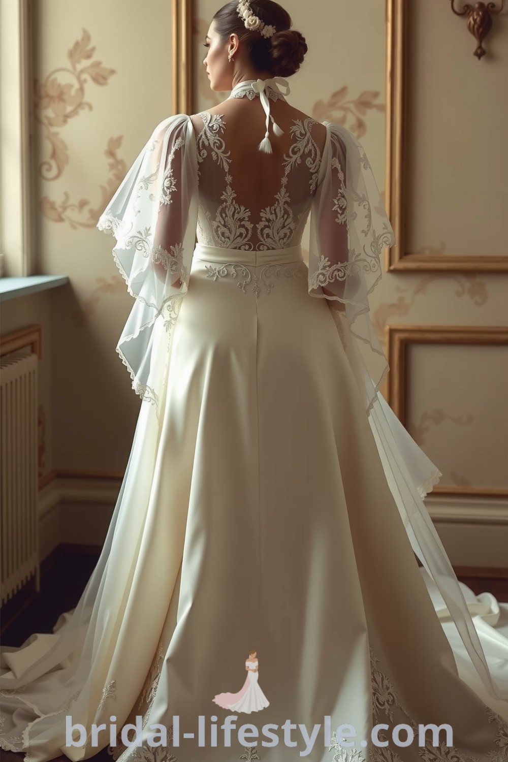 Victorian wedding dress featuring layers of ivory satin, intricate lace, long flowing sleeves with embroidery, high collar, and a cascading train, embodying elegance and charm for the special day. bridal-lifestyle.com