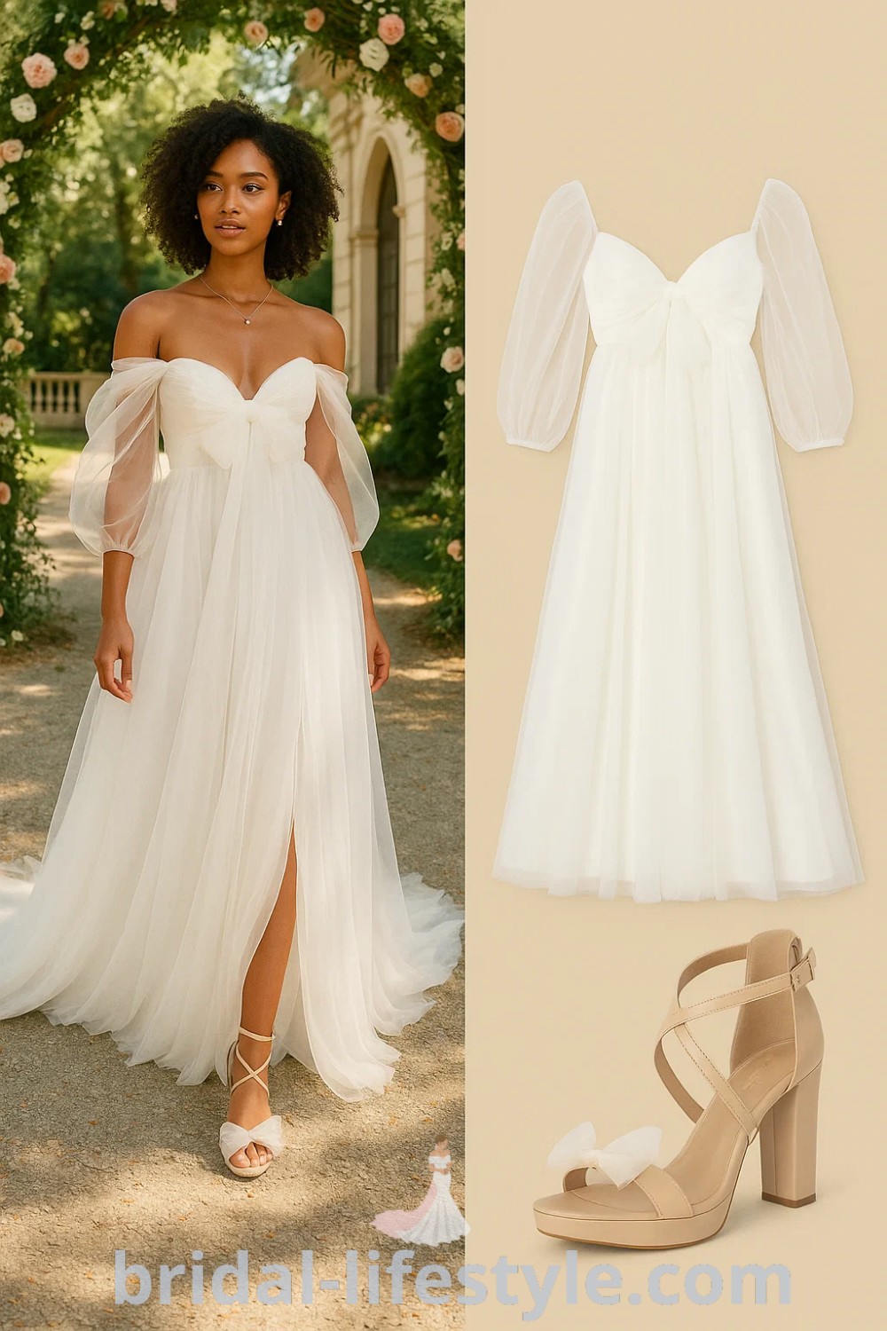 White flowing A-Line Lace wedding dress with puff sleeves and bow detail, complemented by beige high-heeled sandals perfect for a romantic wedding, garden occasion, or bridesmaid look, featured on pinshoesoutfits.com.