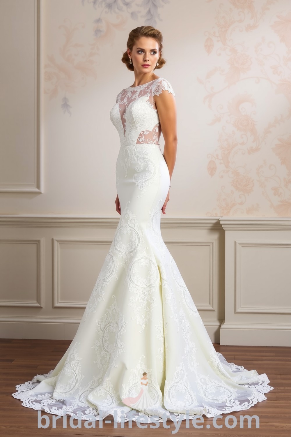 Fit and flare wedding dress with intricate beaded lace that highlights the silhouette, featuring a flared hem for graceful movement. bridal-lifestyle.com